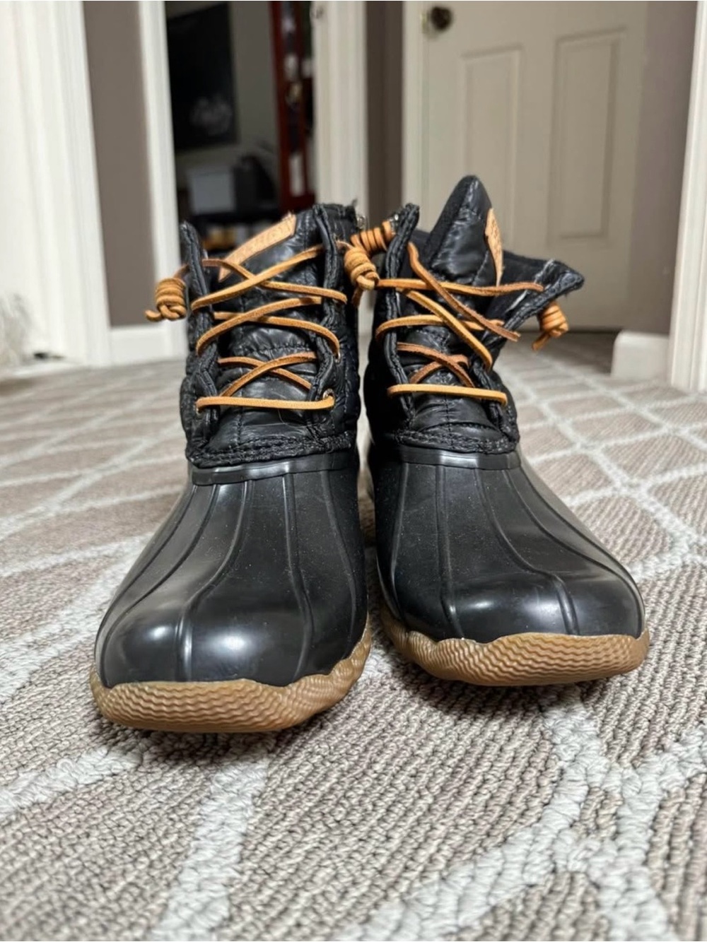 Sperry Black Duck-Style Ankle Boots with Tan Accents